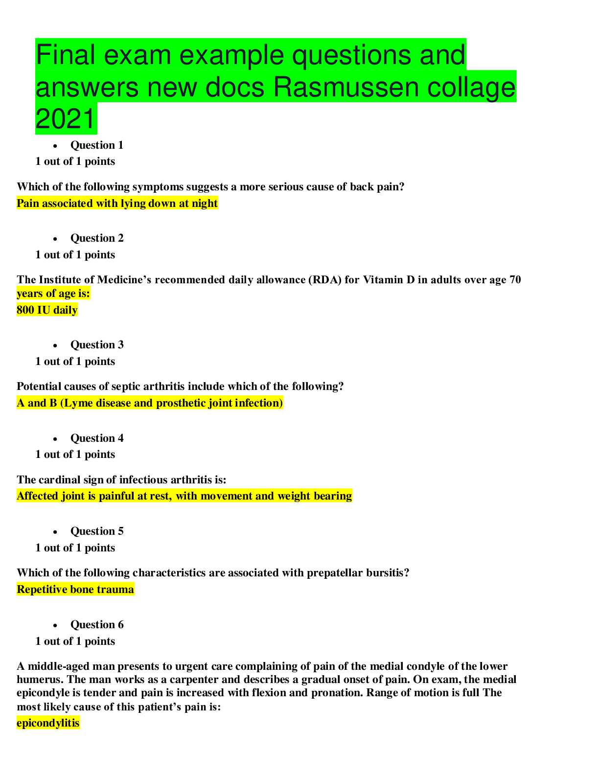 Preview of Final exam example questions and answers new docs Rasmussen collage 2021